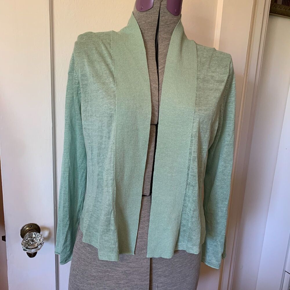 Nic + Zoe White Aqua Linen Open Front Waterfall Cardigan Sz L Crop Beachy Summer